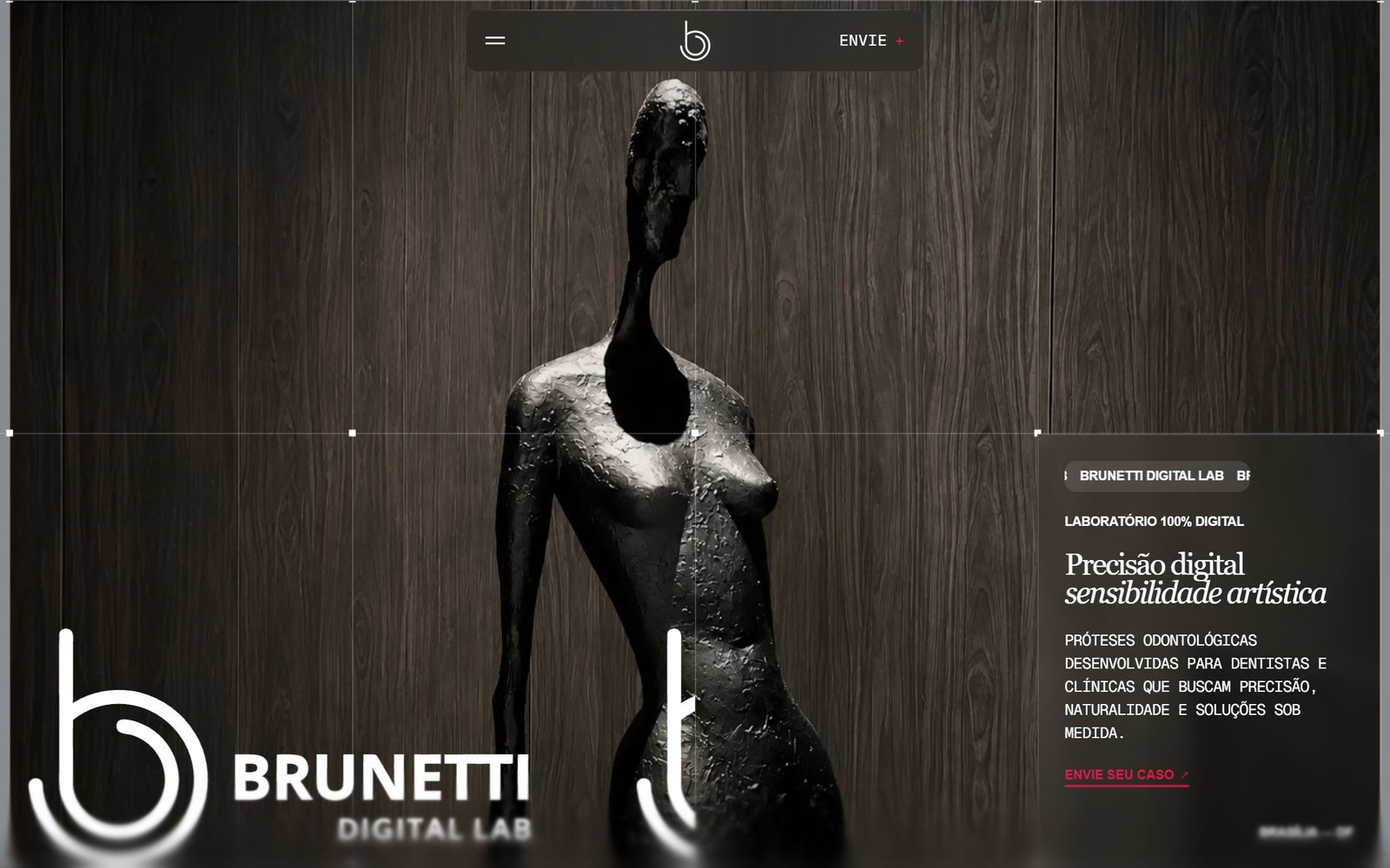 Site da Brunetti Digital Lab, com layout editorial em preto e a chamada Precisão digital, sensibilidade artística