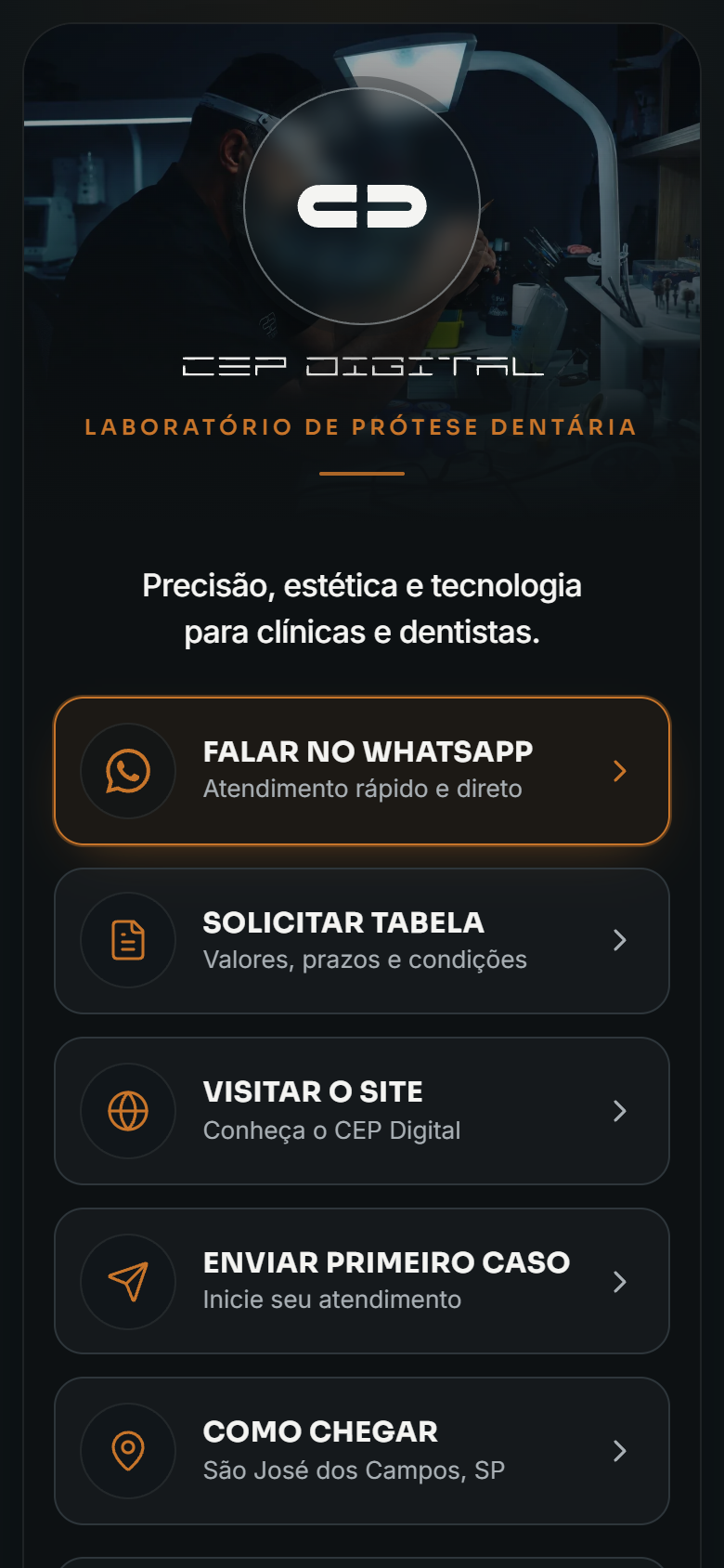 Link da bio do CEP Digital com atalhos para WhatsApp, tabela de valores, site, primeiro caso e localização