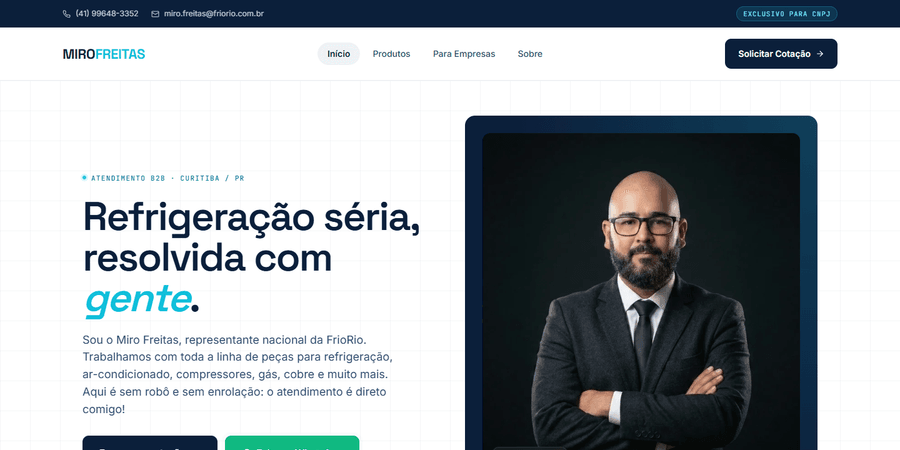 Screenshot do site Miro Freitas com foco em refrigeração B2B e chamada para cotação