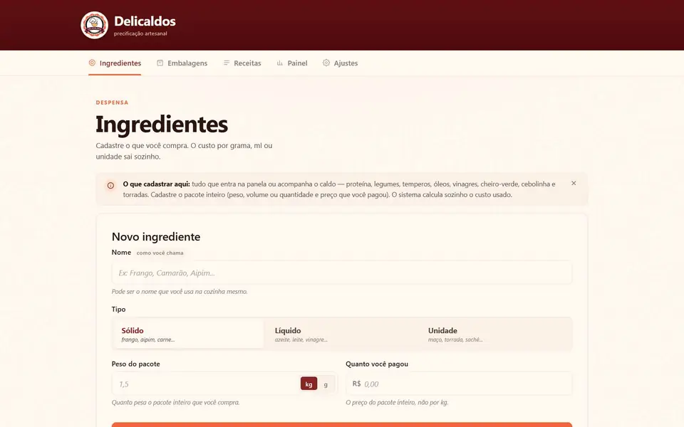 Sistema de precificação Delicaldos